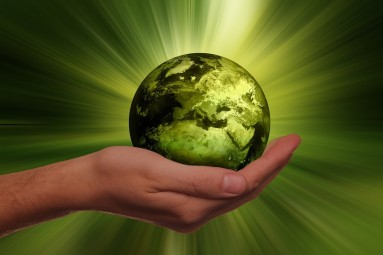 Eine offene Hand hält eine kleine, grüne Weltkugel