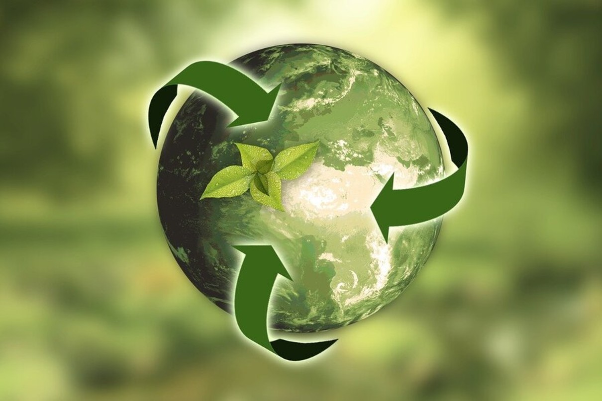 A green globe with three green arrows and a small green flower.