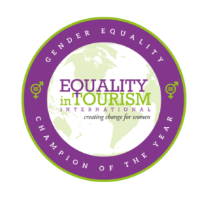 Logo of Equality in Tourism International – a round shape with the world map in the background. 