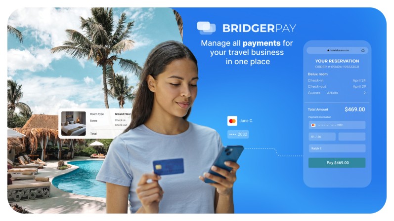 A woman holding a credit card and a smartphone, with a hotel resort in the background and a BridgerPay graphic on the right.