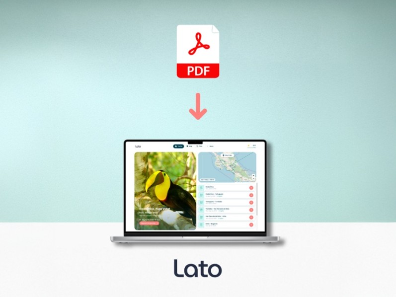 Eine Grafik mit einem PDF-Logo und einem Laptop mit einer Landkarte und einem Tukan.