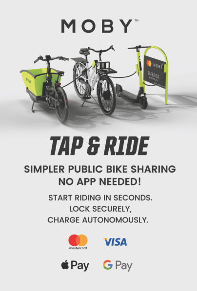 Zwei Elektrofahrräder und ein Scooter, darunter die Aufschrift „Tap & Ride“ und weitere Informationen.