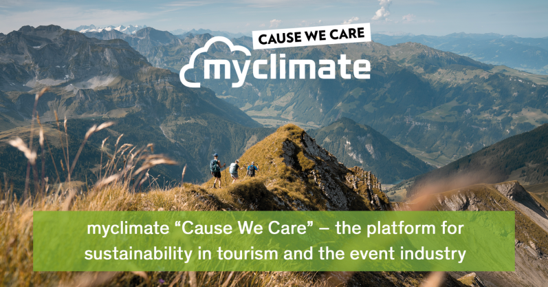 A green mountain landscape with three hikers on a mountain peak. The picture shows the MyClimate logo and claim.