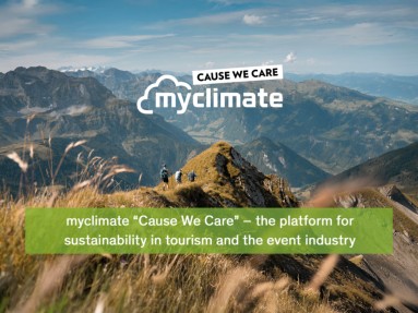 A green mountain landscape with three hikers on a mountain peak. The picture shows the MyClimate logo and claim.