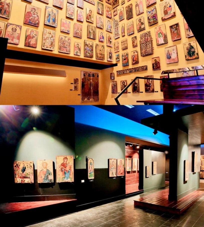 Above a room with numerous pictures on a wall, below a view into a museum with paintings on display.