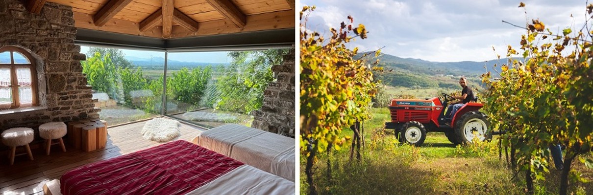 Links ein Zimmer mit Blick aufs Land aus dem Fenster, rechts ein Traktor in einem Weinberg. 