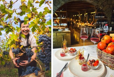 uf der linken Seite eine Frau bei der Weinlese, auf der rechten Seite ein Esstisch mit Essen auf zwei Tellern. 