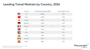 a list of the leading travel markets by country in 2024.