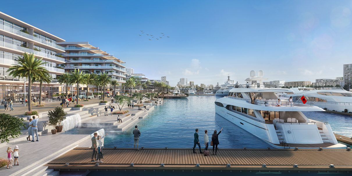 A harbor promenade with a yacht and people on a jetty.