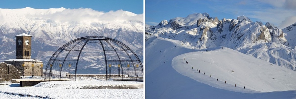 Snow-covered areas, on the left with a mountain panorama and on the right mountains with hikers on a mountain. 