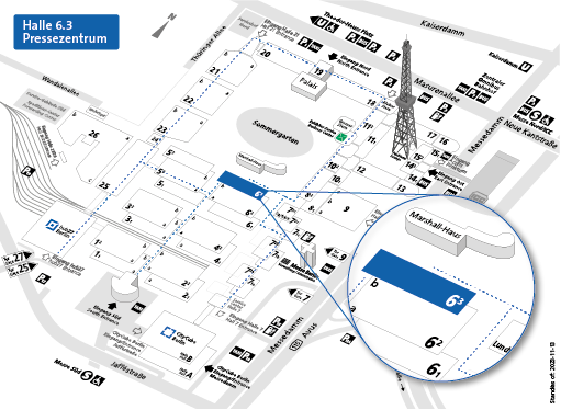 Geländeplan mit dem Hinweis und Wegeführung zum Media Center