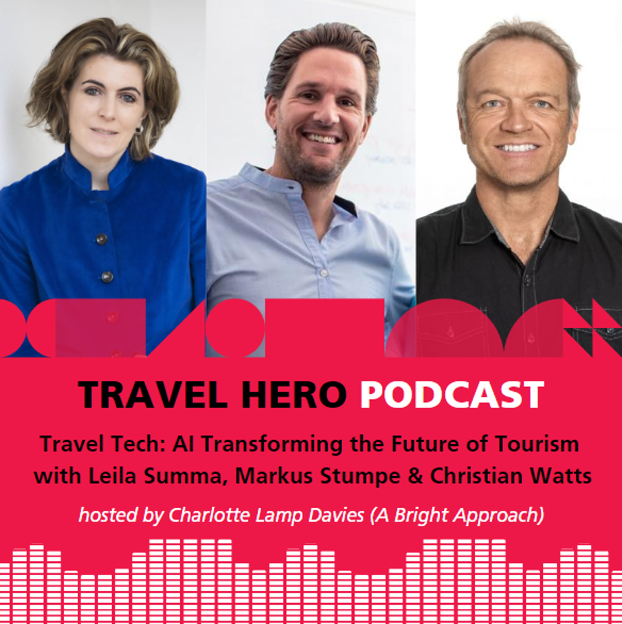 Leila Summa (CEO Play To Change), Markus Stumpe (CEO Cruisewatch) und Christian Watts (CEO Magpie Travel), im unteren Teil des Bildes eine Grafik mit der Überschrift 'Travel Hero Podcast'