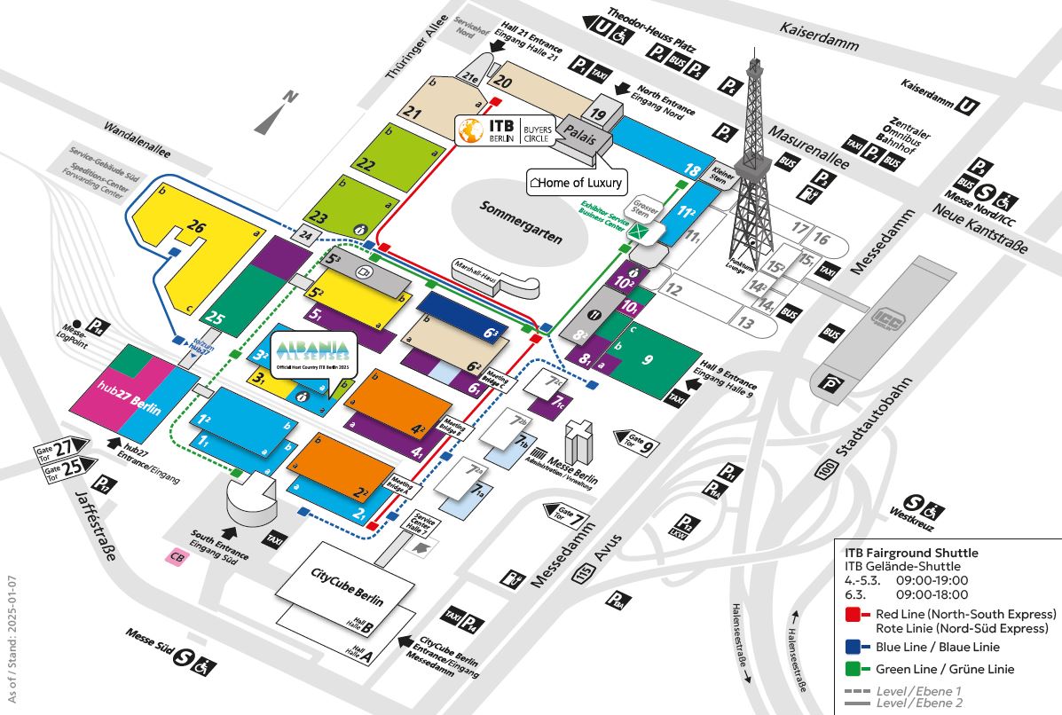 Der Geländeplan der ITB Berlin 2025. Die Hallen sind in verschiedenen Farben hervorgehoben.